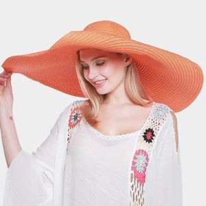 Orange Straw Sun Hat Brim Large Casual Womens Beach Vacation Fashion Accessory